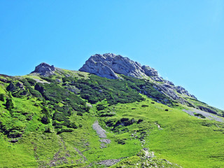 Mountain hikers on the alpine peak of Margelchopf and in the Alviergruppe mountain range - Canton...