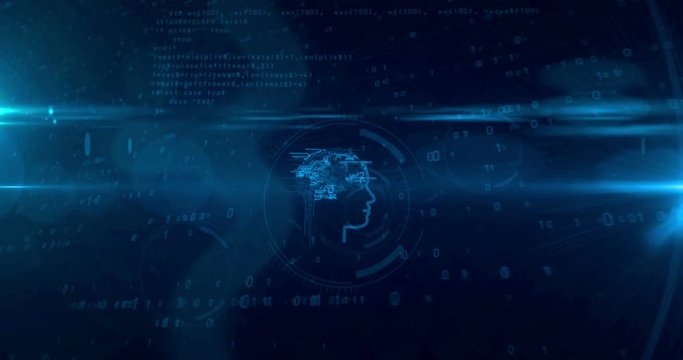 Artificial intelligence and deep machine learning concept. Face shape hologram with cybernetic mind on dynamic 3D digital background. Deep brain stimulation. Loopable tunnel animation.