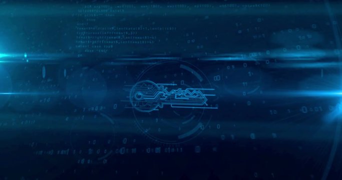 Cyber security, data protection and digital key sign on dynamic 3D binary background. Computer safety technology abstract concept. Loopable and seamless tunnel animation.