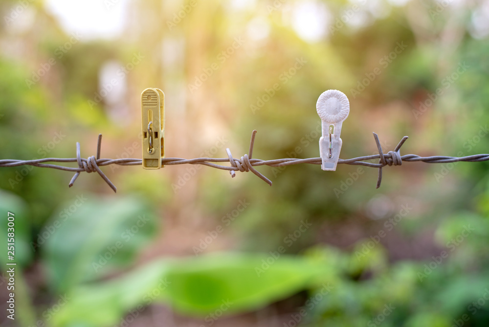 Wall mural old barbed wire on abstract bokeh background