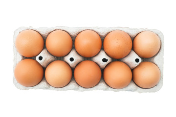 Chicken eggs in carton box isolated on white background.