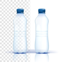Plastic Bottle Vector. Empty Label. Bluer Classic Water Bottle With Cap. Container For Drink, Beverage, Liquid, Soda, Juice. Branding Design. Realistic Isolated Transparent Illustration