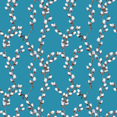 Hand-drawn watercolor seamless pattern of pussy willow branches.