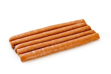 Raw meat sausages on white background