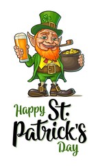 Leprechaun holding beer glass and pot of gold coins. Vector illustration.