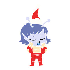 flat color illustration of a alien girl wearing santa hat