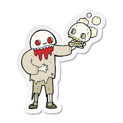 sticker of a cartoon zombie holding a skull