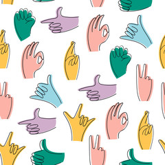Popular hand gestures. Trendy colored icons collection. Vector illustration. Doodle hand drawn seamless pattern