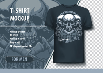 Three skulls and tattoo machines. Fully editable T-Shirt template.