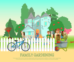 Fototapeta premium Happy family gardening poster vector illustration. Parents and kids are working near house, in yard behind fence. Woman watering flowers. Wheelbarrow with plants. Boy standing with shovel.