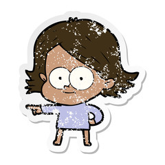 distressed sticker of a happy cartoon girl