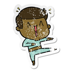 distressed sticker of a cartoon excited man