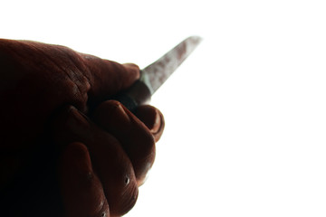 bloody hand holding a knife, bloody theme, a killer with a knife, white background, suicide, murder, a thug, a butcher