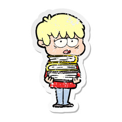 distressed sticker of a cartoon exhausted boy holding book