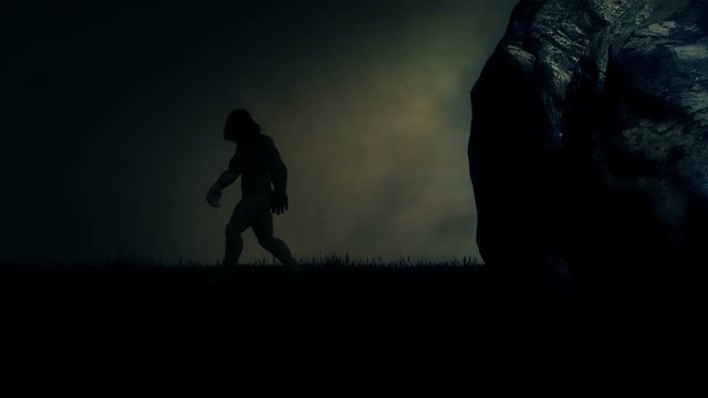 A Caveman Stepping Out of His Cave on a Stormy Night