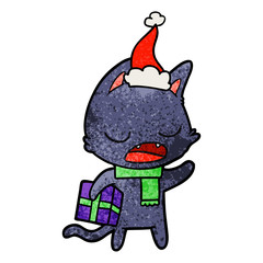talking cat textured cartoon of a wearing santa hat