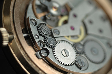 Mechanism of wrist watches in the clear. Shallow depth of field