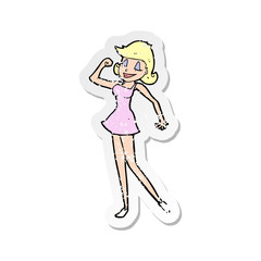 retro distressed sticker of a cartoon woman with can do attitude