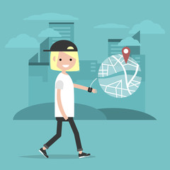 Young character using a navigational app with smart watch.Map and geo tag on city background.Flat cartoon design.Clip art