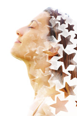 Paintography. Double exposure of a young model combined with hand drawn painting of repeating stars