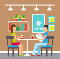 Man and woman drinking coffee in a coffeehouse vector. Man reading menu with desserts and drinks. Interior of place, shelves and pictures on wall