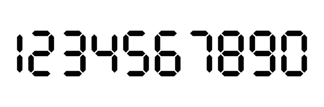 Black digital numbers. Seven-segment display is used in calculators, digital clocks or electronic meters. Vector illustration