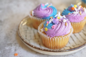 Colorful cupcakes, selective focus