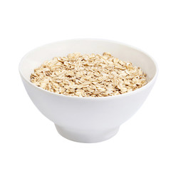 A bowl with oat-flakes isolated on white background.
