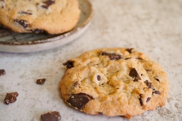 Homemade thick Chocolate chunk cookies, selective focus