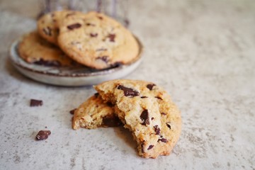 Homemade thick Chocolate chunk cookies, selective focus
