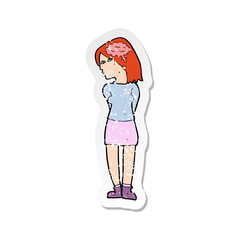 retro distressed sticker of a cartoon brainy woman