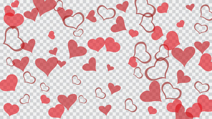 Red on Transparent fond Vector. Spring background. Red hearts of confetti crumbled. A sample of wallpaper design, textiles, packaging, printing, holiday invitation for Valentine's Day.