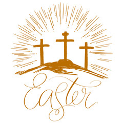 Easter holiday religious calligraphic text , cross symbol of Christianity hand drawn vector illustration sketch