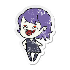 distressed sticker of a cartoon laughing vampire girl