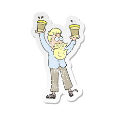 retro distressed sticker of a cartoon man with coffee cups