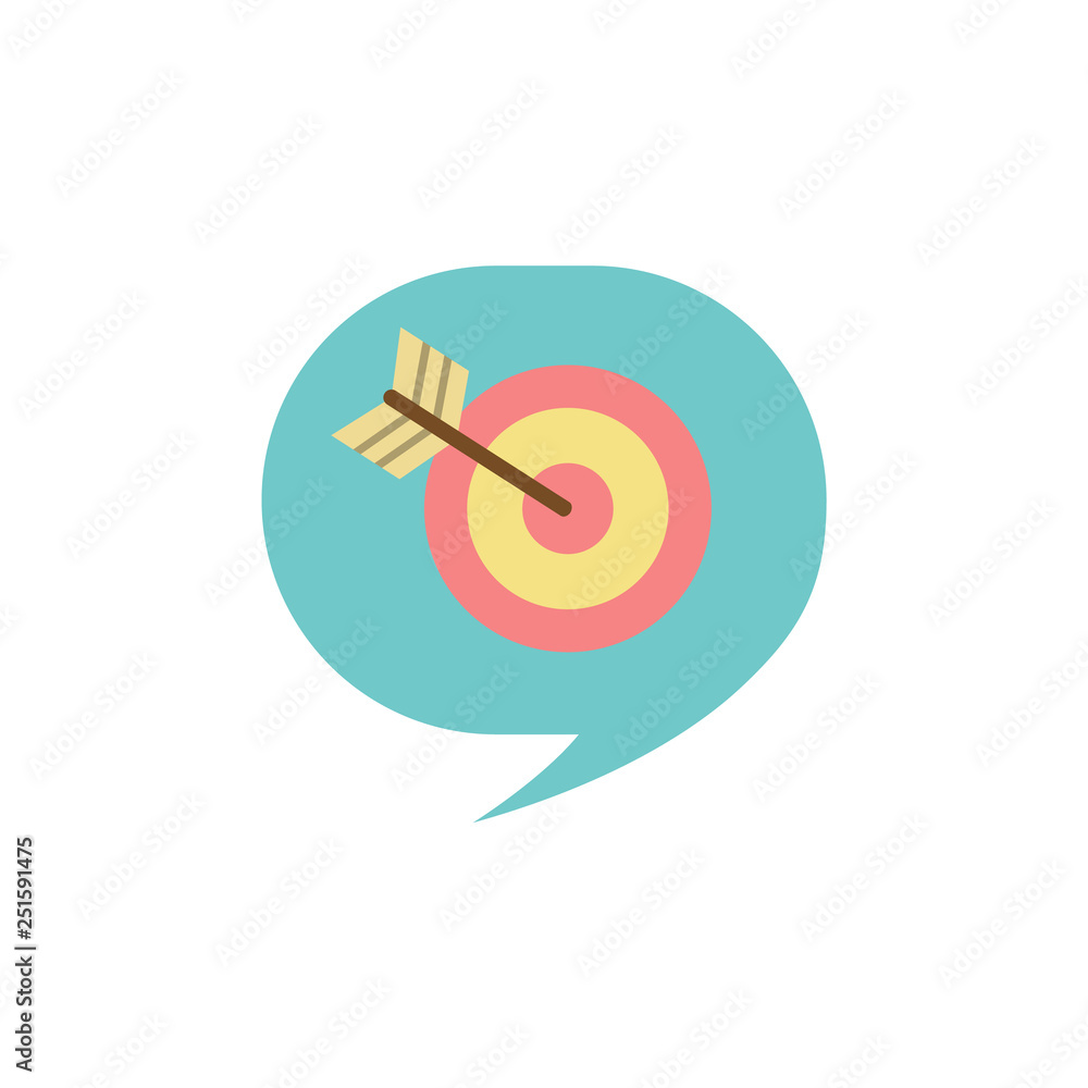 Poster target with arrow in chatting box vector, aim in thought bubble isolated icon. dartboard with bullse