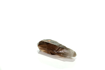 Macro mineral stone smoky quartz, rauchtopaz on a white background