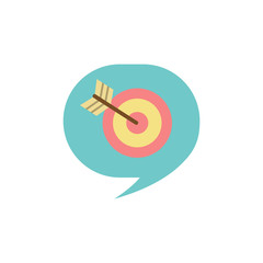 Target with arrow in chatting box vector, aim in thought bubble isolated icon. Dartboard with bullseye and perfect shot, strategy of company, business goal