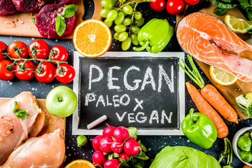 Trendy pegan diet - vegan plus paleo diet food concept, many fresh vegetables, fruits, raw beef and chicken meat, salmon fish, dark blue background top view copy space