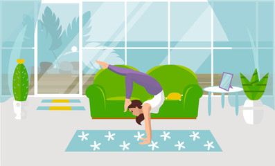 Vector illustration of an Asana at the handstand in yoga. Beautiful young woman doing strength exercises at home in a cozy room with a large window. Woman in sporty orange t-shirt and leggings relax