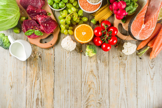 Flexitarian Diet Diet, With Fresh Vegetables, Raw Meat And Fish, Legumes, Grains, Fruit, Wooden Background, Copy Space Top View