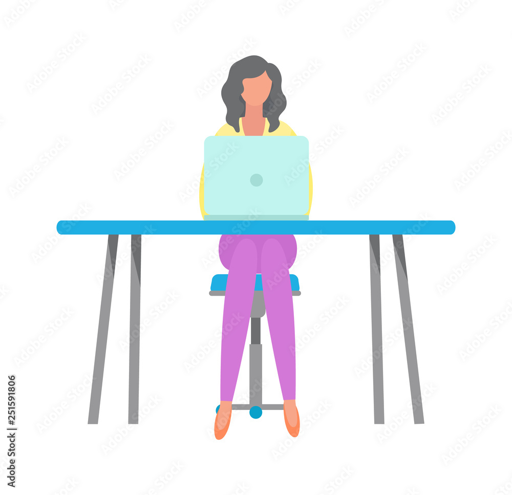 Poster woman working with computer vector, digital world person with laptop. freelancer distant worker usin