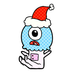 comic book style illustration of a cyclops alien spaceman wearing santa hat
