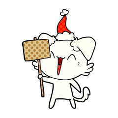 happy little comic book style illustration of a dog holding sign wearing santa hat