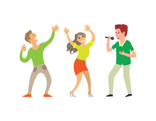 Music singer and people dancing in club isolated vector. Male and female couple, vocalist holding microphone, young clubbers male and female partying