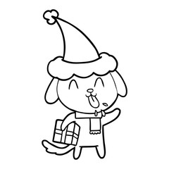 cute line drawing of a dog with christmas present wearing santa hat