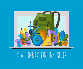 Stationery online shop banner vecror illustration. Equipment for education or office work. Buying supplies on Internet. Backpack with education equipment as pen, pencil, ruler.