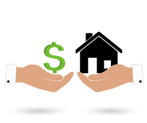 House and dollar icon in the hands of a realtor. Sale, rent. Business and Finance.