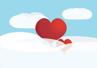 ПечTwo valentine heart-shaped baloons in a blue sky with clouds. Vector background ать