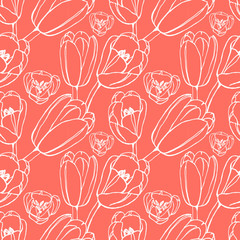 Spring tulips. Painted flower seamless pattern on coral background.